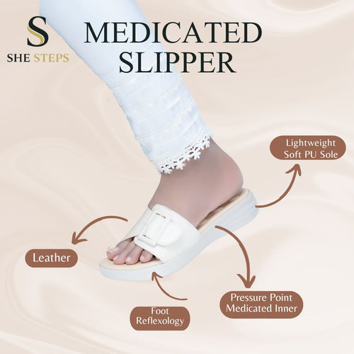 Ladies Leather Heel Pain Relief Medicated Slipperr Fawn-1001